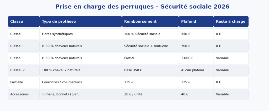 Tableau de prise en charge des prothèses capillaires en 2026